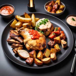 POLLO TERNERA O MIXTO MEDIANO CON PATATAS BRAVAS